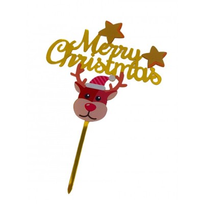 Χριστουγεννιάτικο Cake Topper Επιγραφή Merry Christmas Χρυσή Με Τάρανδο Και Αστέρια