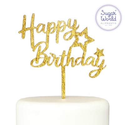 Cake Topper Πικ Επιγραφή Happy Birthday Χρυσό Με Αστέρι