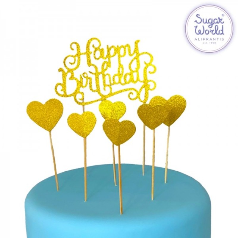 Cake Topper Πικ Επιγραφή Happy Birthday Χρυσό Με Καρδιές Πικ